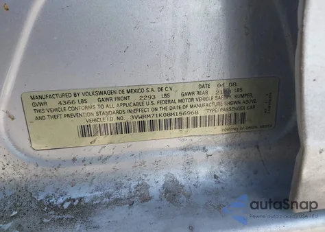 2008 Volkswagen Jetta Se из США, поврежденный, VIN 3VWRM71K08M156968